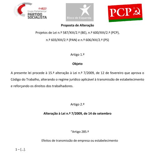 Propostas de Alteração do PS, BE e PCP aos PJL sobre Transmissão de Estabelecim