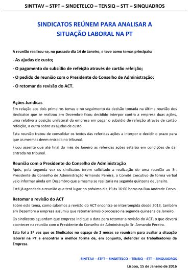 Sindicatos reúnem para analisar a situação laboral na PT